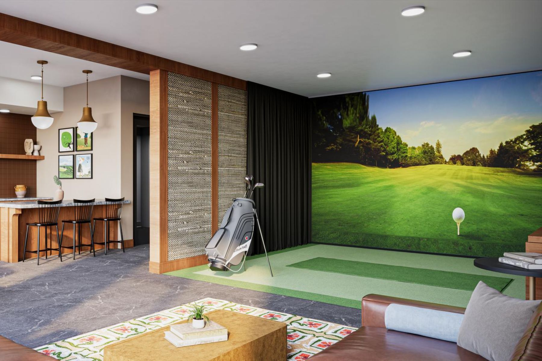Modern lounge with golf simulator, bar area, round table, and golf equipment in a bright, stylish room.