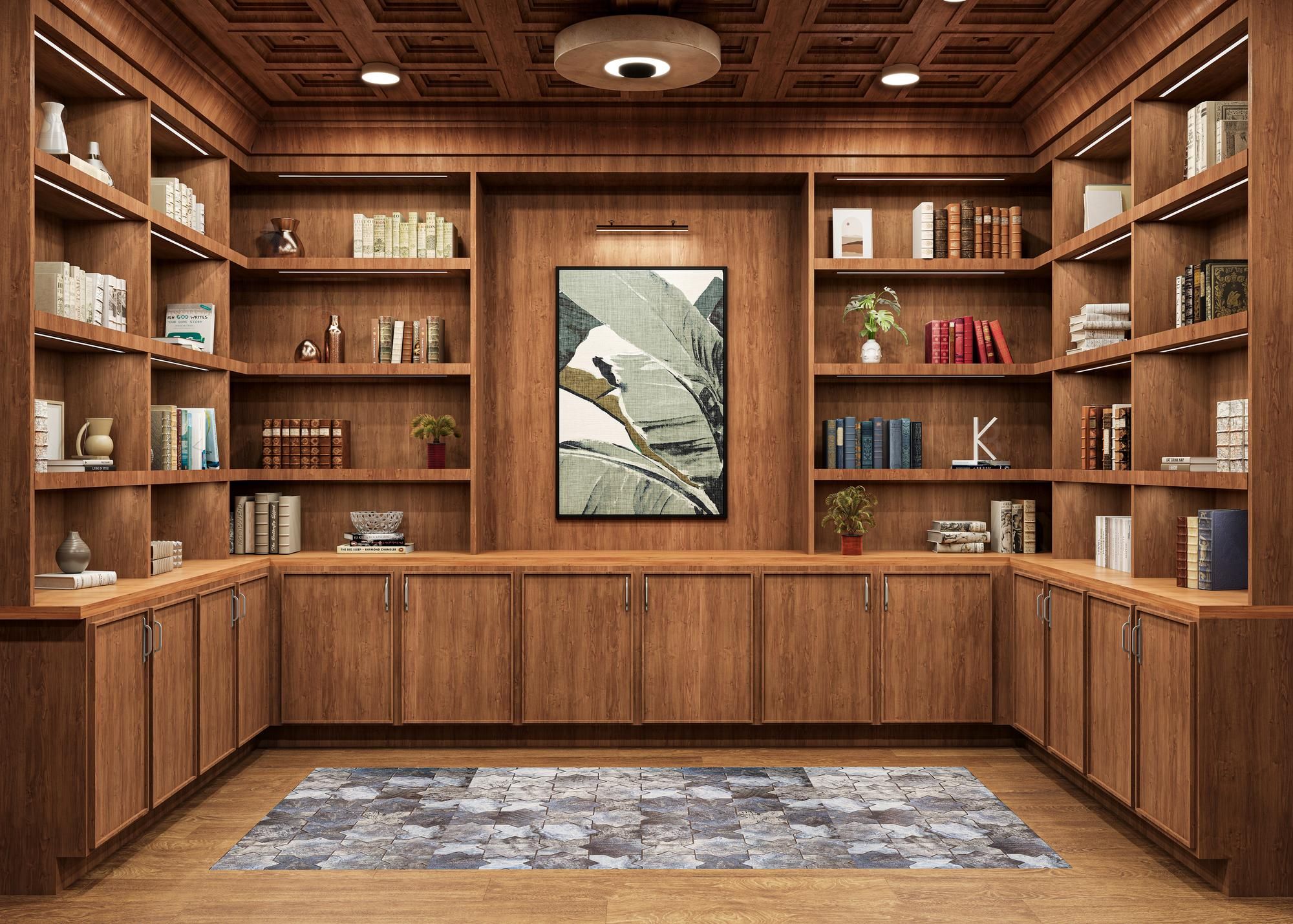 A stylish home library with wooden shelves, books, decor pieces, and a large botanical artwork on the wall.