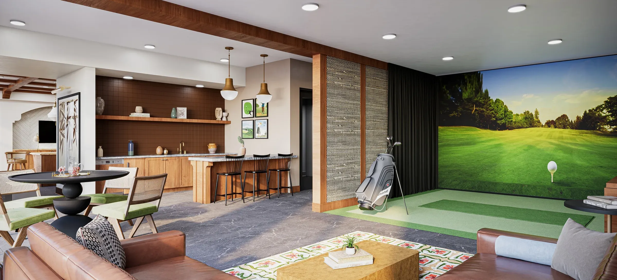 Luxury golf simulator lounge at The Karlyn active adult apartments in Naples, FL