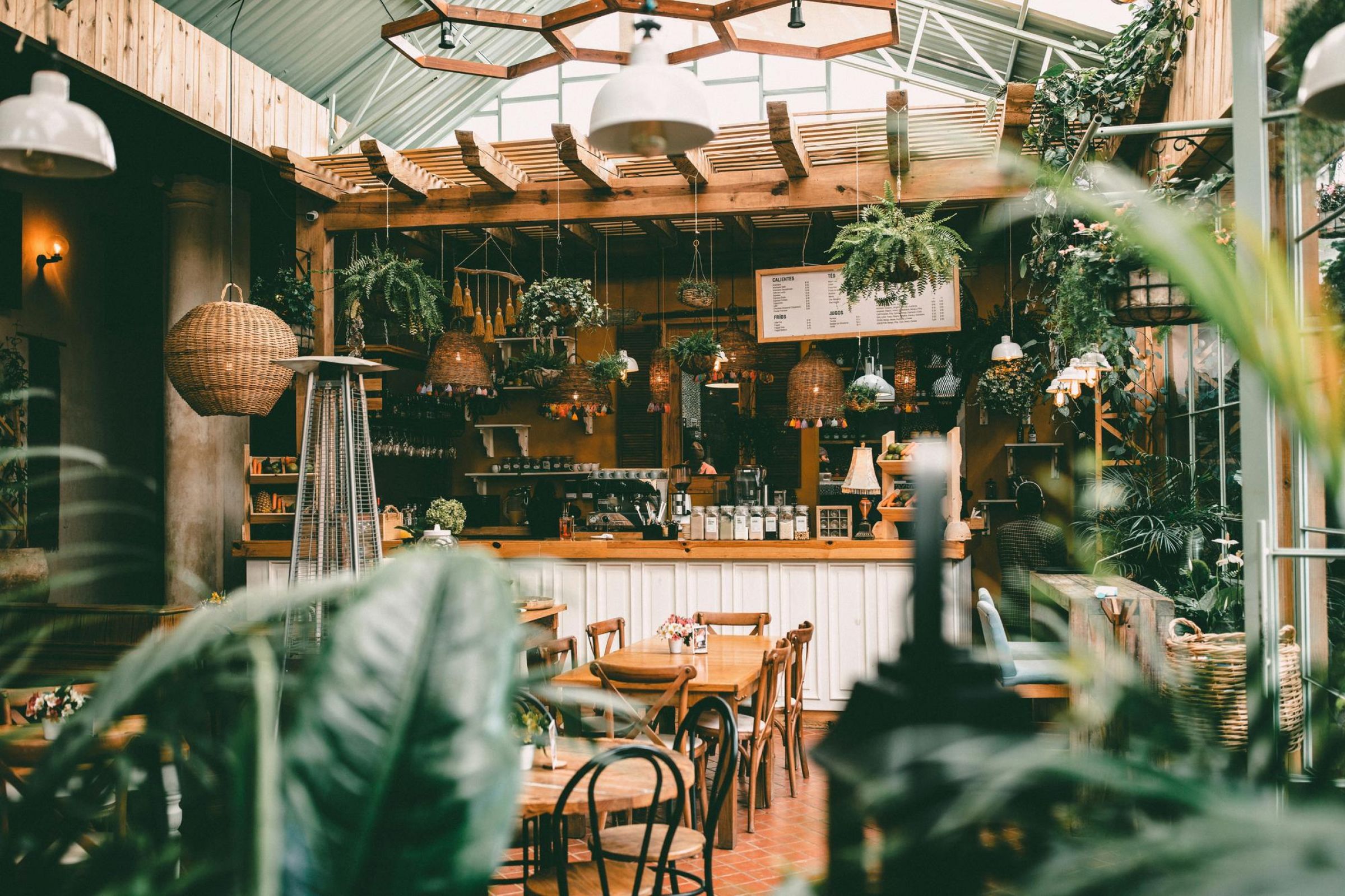 A cozy, plant-filled café with wooden tables, hanging lights, and a menu above the counter.