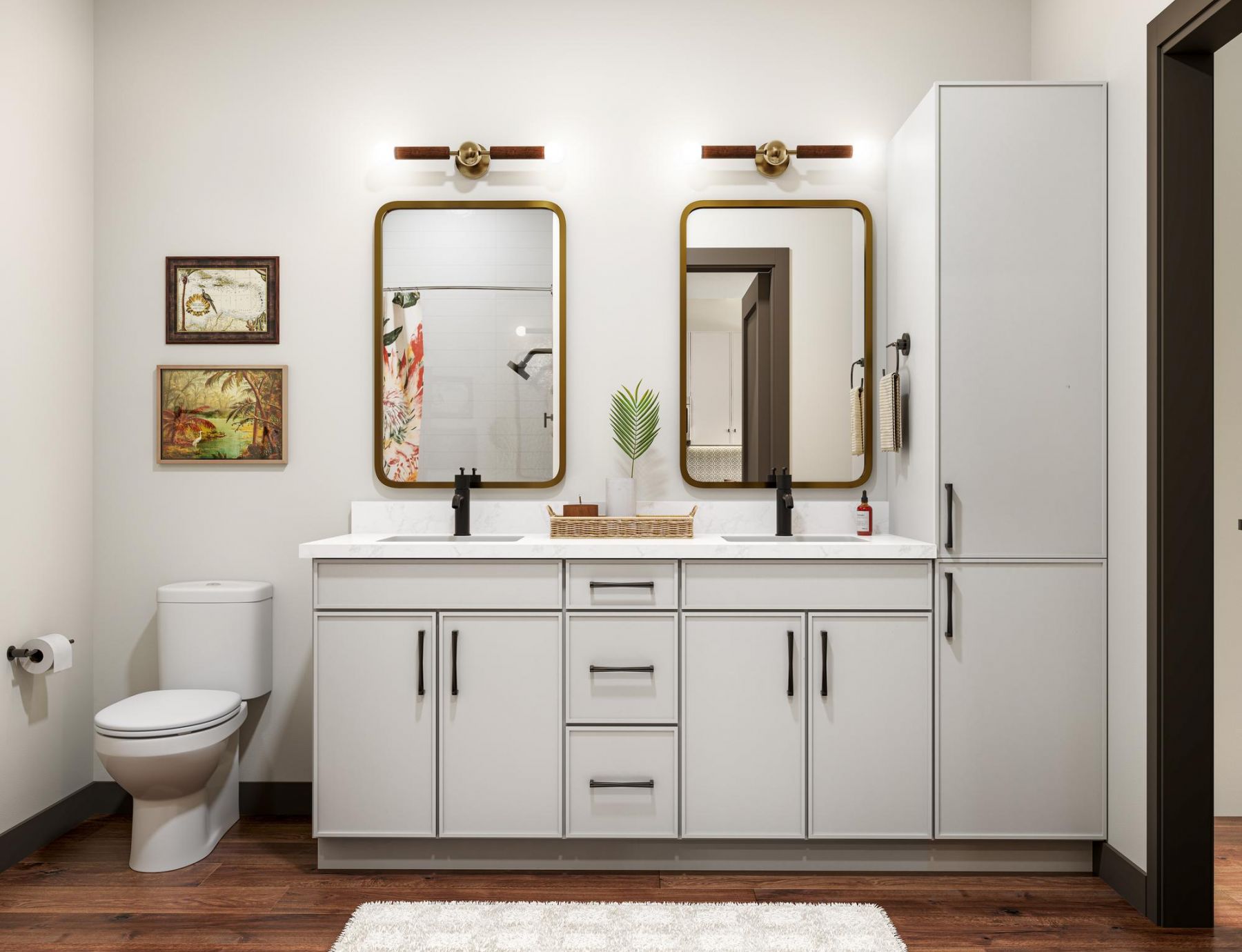 Modern bathroom with double sinks, two mirrors, white cabinets, and artwork above the toilet.