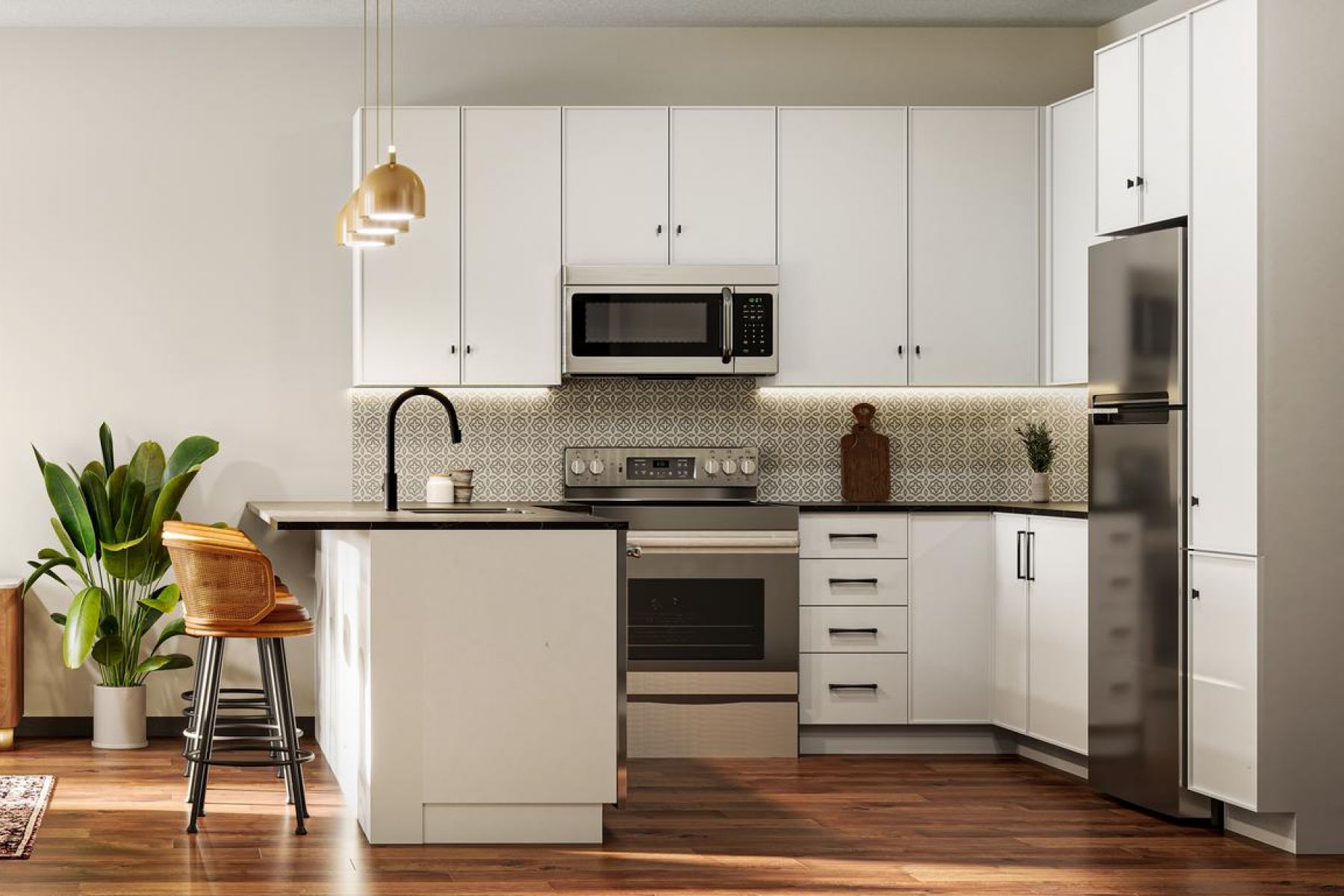 Modern open-concept living room and kitchen with white cabinets, wooden floors, and indoor plants.