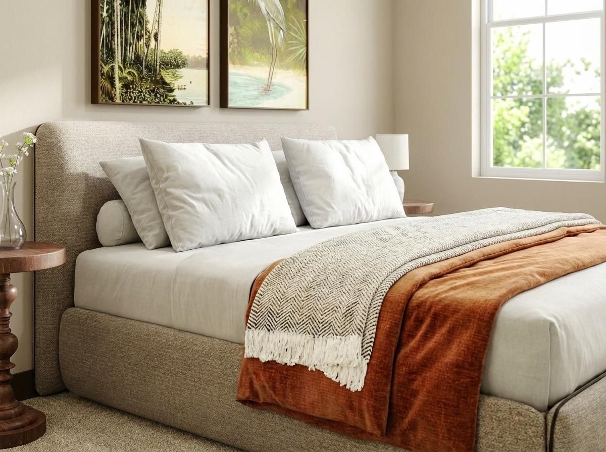 A cozy bedroom with a neatly made bed, orange throw, pillows, and sunlight streaming through a window.