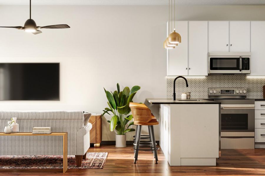 Modern open-concept living room and kitchen with white cabinets, wooden floors, and indoor plants.